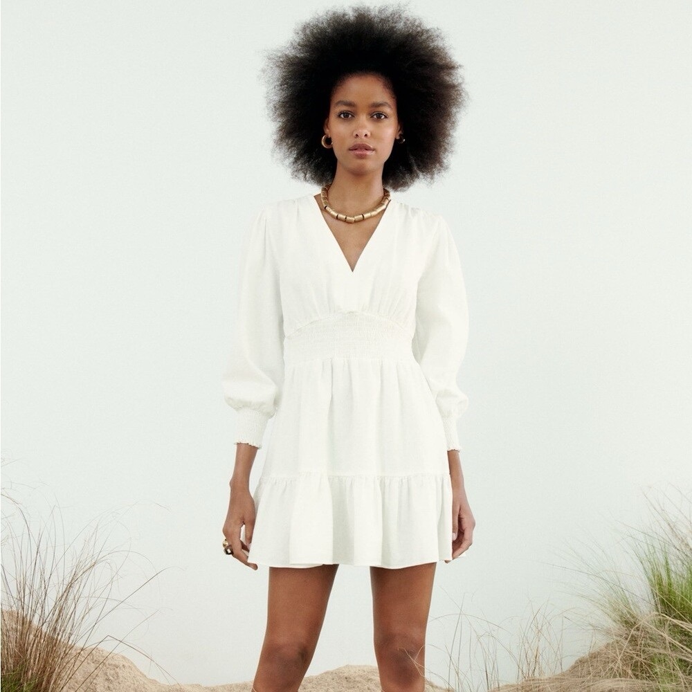 Zara Linen Blend Long Sleeve Smocked Waist V-Neck Mini Dress XS White Ivory Boho